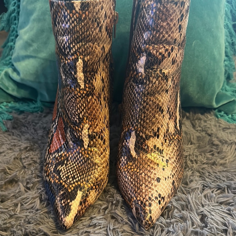 BAMBOO Cream and Brown Ankle Boots with Snakeskin Pattern